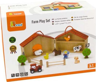 Set loje fermë prej druri Viga Farm Play Set, 2 kate, me 6 kafshë druri, shumengjyrësh