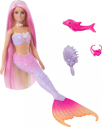 Kukull Barbie Mattel Malibu Mermaid Color Change HRP97, efekt ndryshimi ngjyre, me aksesorë, shumëngjyrëshe
