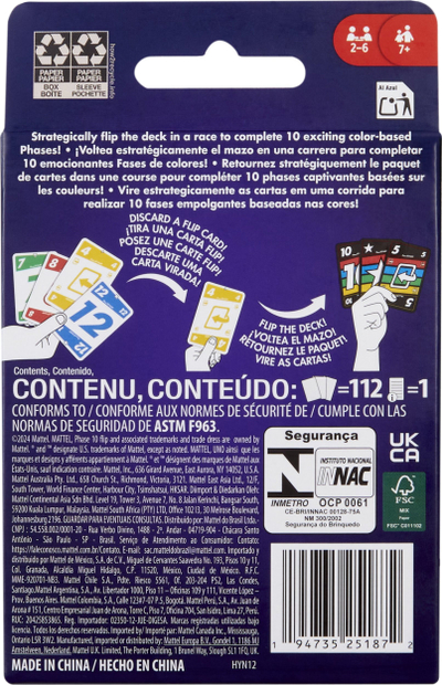 Loja me letra Mattel Phase 10 Flip, për familje, 2‑6 lojtarë, shumëngjyrëshe