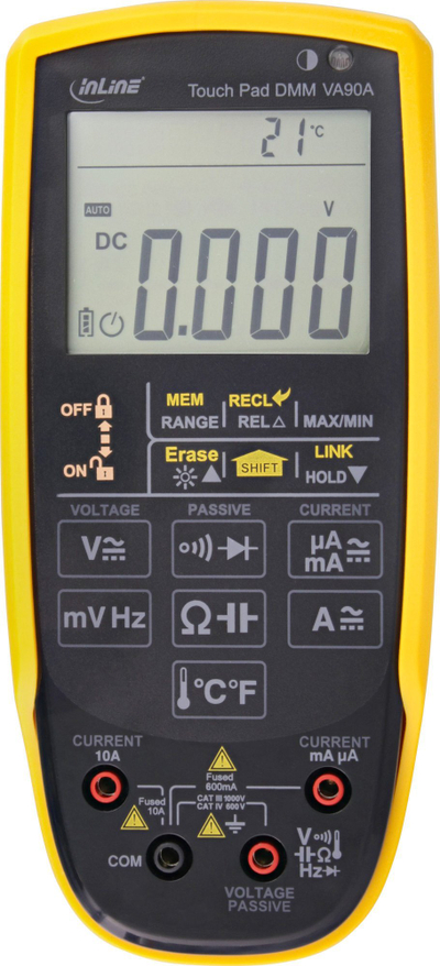 Multimetër dixhital InLine 43127, CAT III 1000V, ekran i ndriçuar, i zi dhe i verdhë