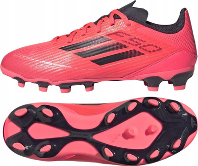 Këpucë futbolli fëmijësh adidas F50 League MG Jr IF1371, fushë natyrale dhe sintetike, me tapa, rozë e zezë