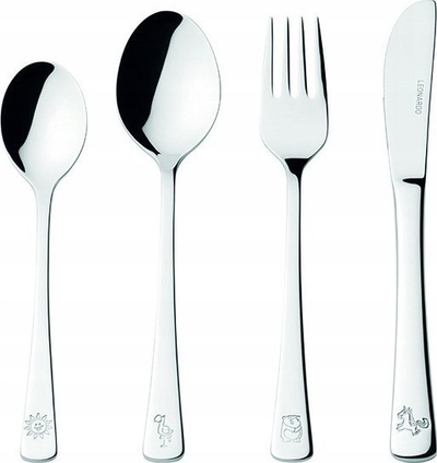 Set pirunë dhe luga për fëmijë Leonardo Bambini, 4 pjesë, inox, argjendi