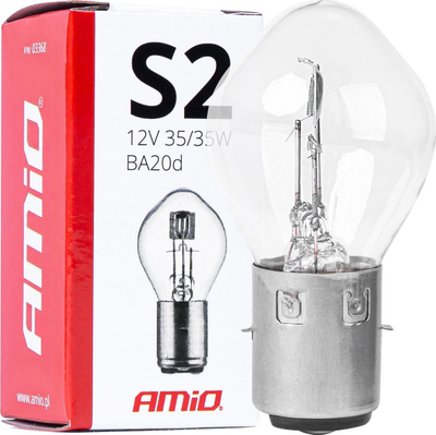Llambë halogjene për motoçikletë AMiO BA20d, 12V, 35/35W, xham transparent