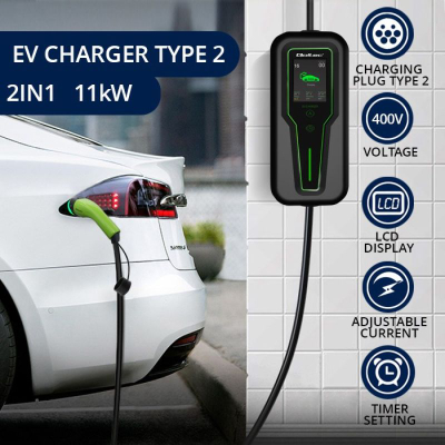 Karikues portativ për makinë elektrike Qoltec Mobile Charger 2in1, Type 2, me rregullim rryme, i zi me jeshile