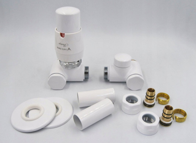 Set valvulash termostatike Integra White Left Pex, këndore, për radiator, e bardhë