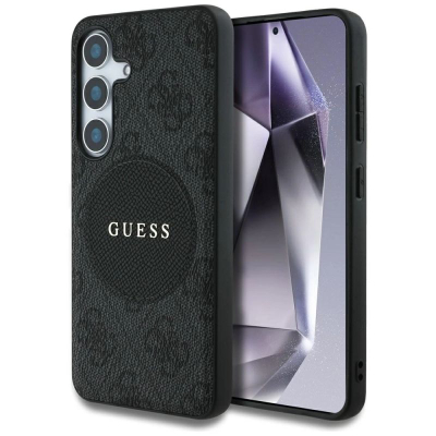Mbulesë telefoni Guess 4G Round Patch Classic Logo MagSafe, për Samsung Galaxy S25, e zezë