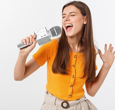 Mikrofon karaoke me Bluetooth wireless, me bokës të integruar, për kalamaj edhe të rrit, rozë