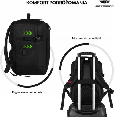 Çantë shpine Peterson Spacious, 24L, me port USB, e zezë