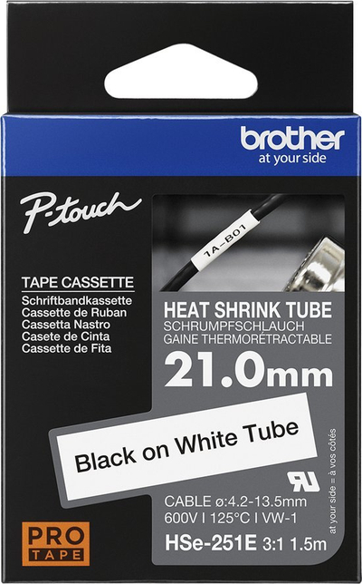 Tub termokontraktues Brother HSE-251E, 21mm, i zi mbi të bardhë