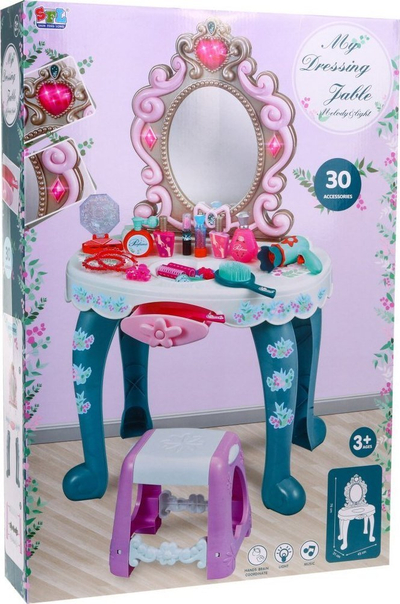 Lodër tavolinë grimimi SFL My Dressing Table, me pasqyrë dhe stol, 30 aksesorë, rozë