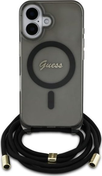 Këllëf telefoni Guess Crossbody Cord Script MagSafe për iPhone 16, me rrip, i zi
