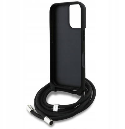Kapak telefoni Karl Lagerfeld Crossbody MagSafe për iPhone 16, lëkurë Saffiano, me rrip, i zi