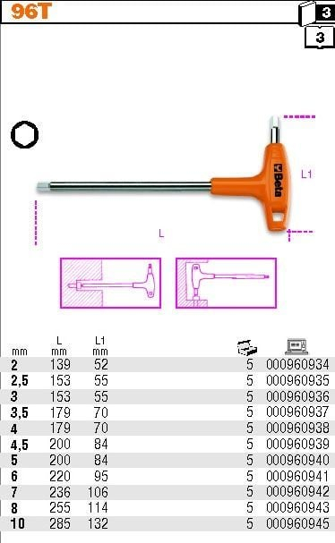 Çelës këndor me kunja Beta Tools BE96T 7, 7mm, metalik