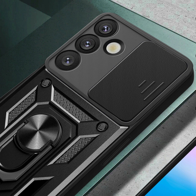 Kapak telefoni Hybrid Armor Camshield për Samsung Galaxy S25, me mbrojtje kamere, me stand, i zi