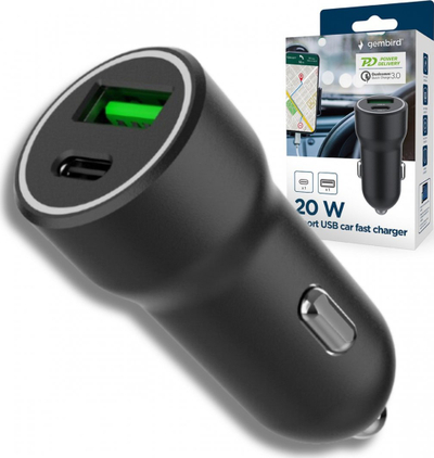 Karikues Gembird, për makinë, 2x USB, PD 20W, i zi