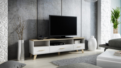 Komodë TV Lotta, 180cm, me 3 sirtarë, e bardhë me sonoma oak