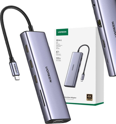 Adapter USB UGREEN CM498, hub 10 në 1, 3x USB 3.0, HDMI VGA RJ45, gri