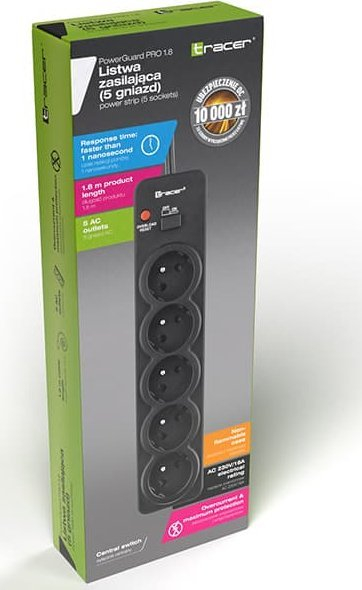 Prizë zgjatese Tracer PowerGuard Pro, 5 porta, 1.8m, e zezë