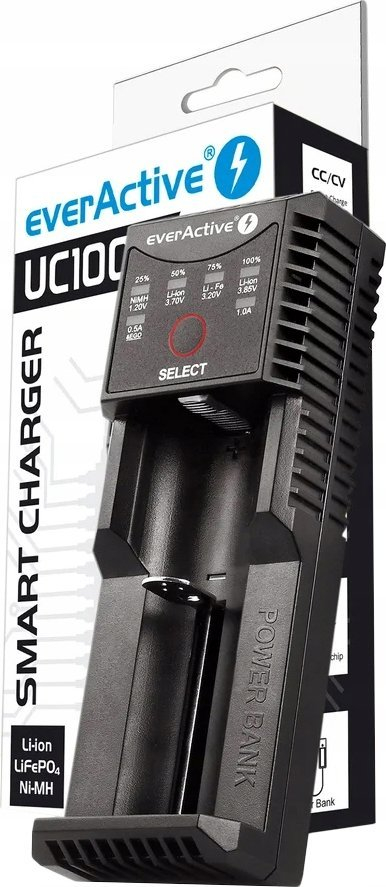 Karikues baterish EverActive UC-100C, Li-ion edhe Ni-MH, me funksion power bank, ngjyrë e zezë