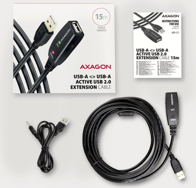 Активен продолжувачки USB кабел Axagon ADR-215, USB A во USB A, 15 m, црн