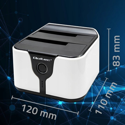 Dok stacion Qoltec për HDD SSD, 2.5" 3.5", SATA III USB 3.0, me funksion klonimi offline, i zi