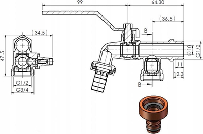Градинарска чешма Double Duo, двоен излез, кугласта вентила, 1/2" 3/4" BSP, црвена рачка
