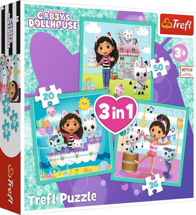 Puzzle 3 në 1 Trefl Gabby's Activities 34871, set për kalamaj, me figura vizatimore, shumëngjyrësh