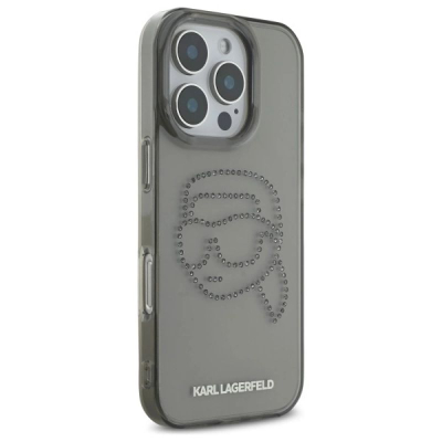 Maskë telefoni Karl Lagerfeld IML Rhinestones Karl Head, për iPhone 16 Pro Max 6.9", transparente, e zezë