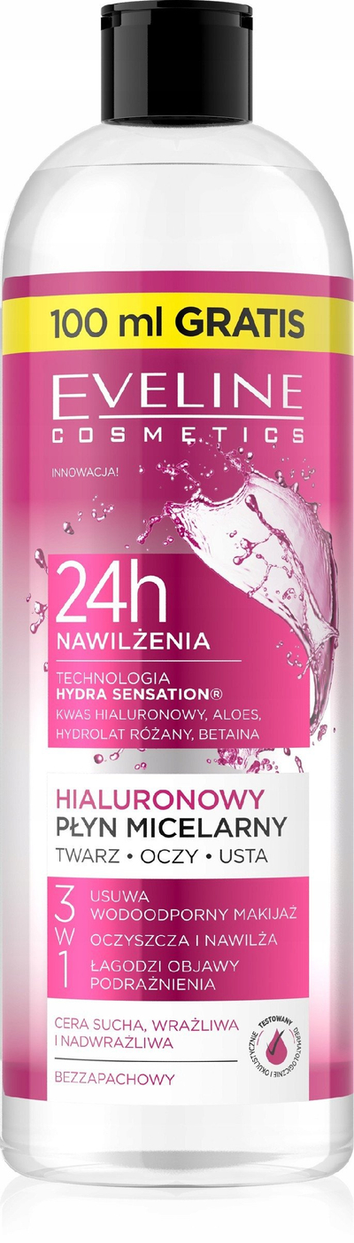 Uj micelar Eveline Hydra Sensation Hyaluronic 3 në 1, për lëkurë të hidratuar, 500 ml