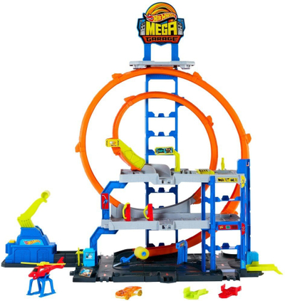 Set garazh lodër Hot Wheels Mega Loop Garage, disa nivele, me loop të dyfishtë, shumëngjyrësh