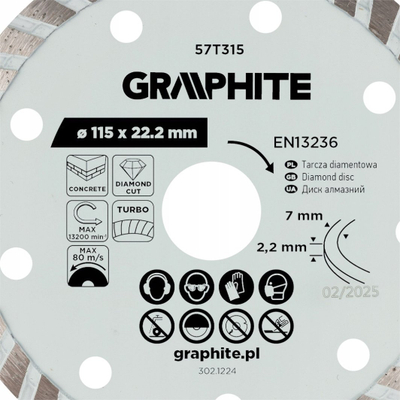 Disk prerës diamanti GRAPHITE 57T315, Turbo 115 x 22.2 mm, prerje e thatë, gri