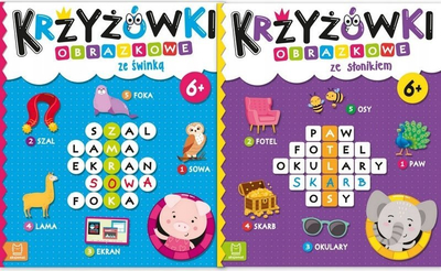 Libër me fjalëkryqe Aksjomat Krzyżówki Obrazkowe ze Słonikiem, 24 fjalëkryqe, për kalamaj 6+