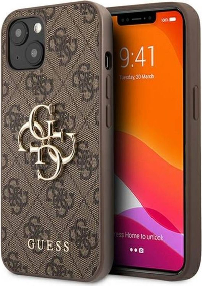Këllëf telefoni Guess PU 4G Metal Logo për iPhone 13, poliuretan, kafe