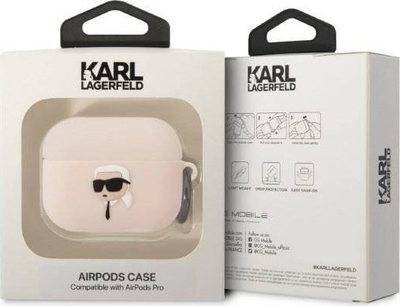 Kapak Karl Lagerfeld KLAPRUNIKP për Apple AirPods Pro, silikon, dizajn Karl Head 3D, rozë