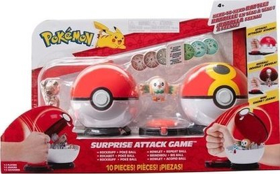 Set loje Pokemon Surprise Attack Game Rowlet kundër Rockruff, 2 figura, me topa Poke Ball, shumëngjyrësh