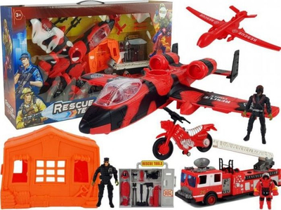 Set lodrash Leantoys Rescue Team, kamion zjarrfikës dhe aeroplan shpëtimi, për kalamaj 3+, i kuq