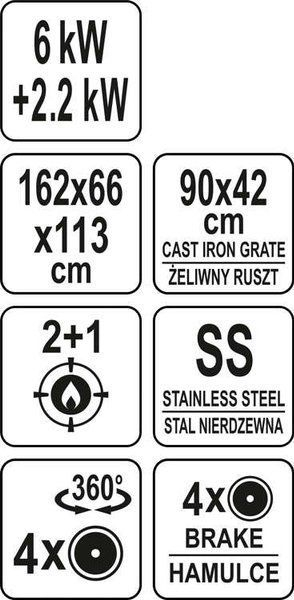 Grill me gaz dhe qymyr YATO YG-20030, 8.2kW, trup çelik inox, ngjyrë argjendtë