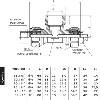 Tee e përdredhur Perfexim 709 (61-009-1615-000), 16 mm x GW 1/2 " x 16 mm