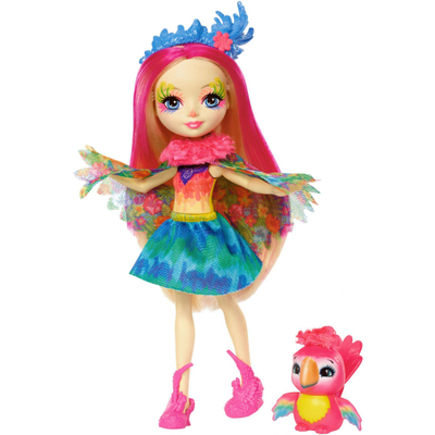 Kukull Enchantimals Peeki Parrot, 15cm, me papagall të vogël, shumëngjyrëshe