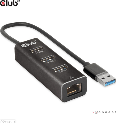 Splitter USB Club 3D CSV-1430a, USB-A 3.2 Gen1 n’ 3 porta USB 3.1, Gigabit Ethernet, i zi