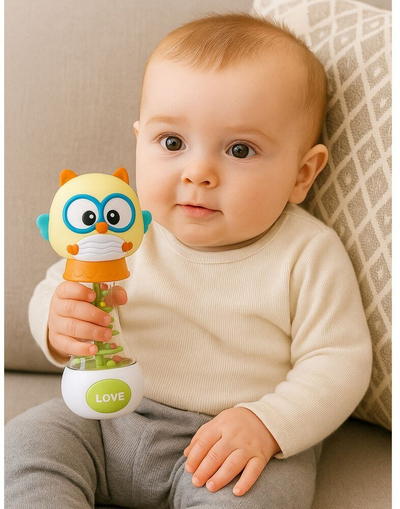 Lodër rattle për bebe, formë buf, toptha shumëngjyrësh, plastikë