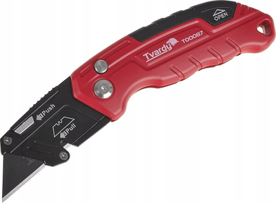 Thikë palosëse pune Tvardy T00087, mekanizëm push pull, trup metalik ergonomik, e kuqe e zezë