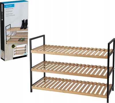 Rafth këpucësh Fiona Shoe Rack Bamboo 3 Layer, 3 shtresa, bambu FSC, me kornizë metalike të zezë