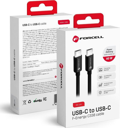 Kabllo USB C në USB C Forcell F-Energy C338, 60W 3A, 0.25m, e zezë