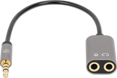 Adapter audio Manhattan 356107, 3.5mm mashkull në 2x 3.5mm femër, 20cm, argjend e zezë
