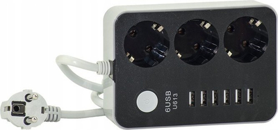 Prizë zgjatëse me 3 dalje dhe 6 porta USB, 1.8m, 2500W, e bardhë