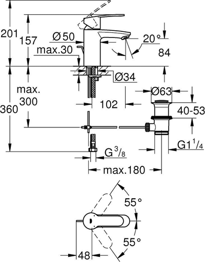 Bataria lavamani Grohe Eurostyle Cosmopolitan 3355220E, montim në këmbë, krom i shkëlqyer