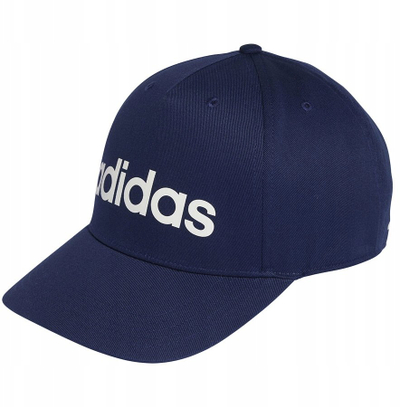 Kapelë Adidas Linear, strehë e lakuar, logo e bardhë, blu e errët