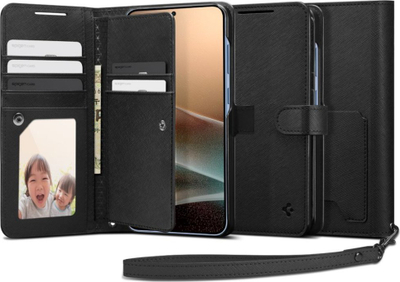 Këllëf portofol Spigen Wallet S për Samsung Galaxy S25 Plus, me hapësirë për karta, funksion stand, i zi