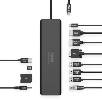 Docking station PORT CONNECT 11në1, 1x4K, RJ45, HDMI, Display Port, VGA, USB-C 100W, 4xUSB-A, micro / SD, i zi
